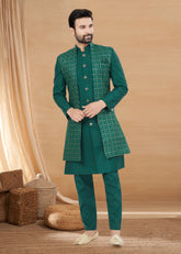 Exclusive Contrasting rama green Thread and Detailed Embroidery Work Indo Western, Sherwani | Indian Traditional Mens Wear
